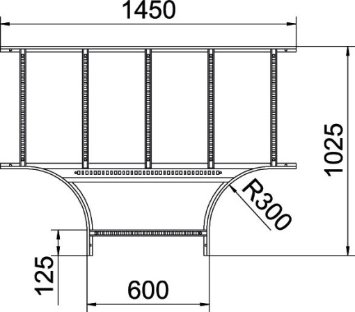 Derivação em T para caminhos de cabos escada 60x600 Aço inoxidável, livre de ferrugem A2 1.4301 brilhante, pós-tratamento