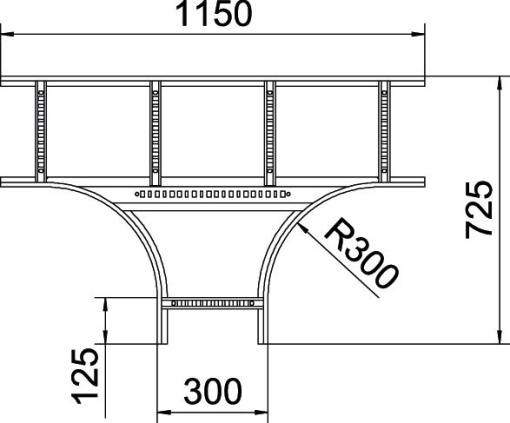 Derivação em T para caminhos de cabos escada 110x300 Aço galvanizado pelo método Sendzimir