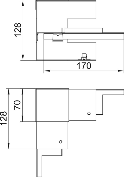 Ângulo interno simples, simétrico 70x130x128 Aço branco puro RAL 9010