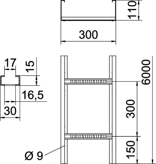Caminho cabo escada grande vão aba perfurada 110x300x6000 Aço inoxidável, livre de ferrugem A2 1.4301 brilhante, pós-tratamento