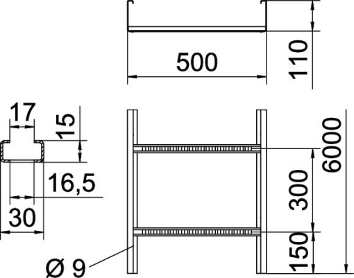 Caminho cabo escada grande vão aba perfurada 110x500x6000 Aço inoxidável, livre de ferrugem A2 1.4301 brilhante, pós-tratamento