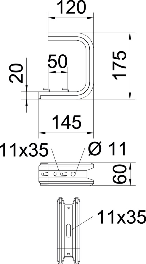 Consola para parede e teto para caminho de cabos em varão B145mm Aço inoxidável, livre de ferrugem A2 1.4301 brilhante, pós-tratamento