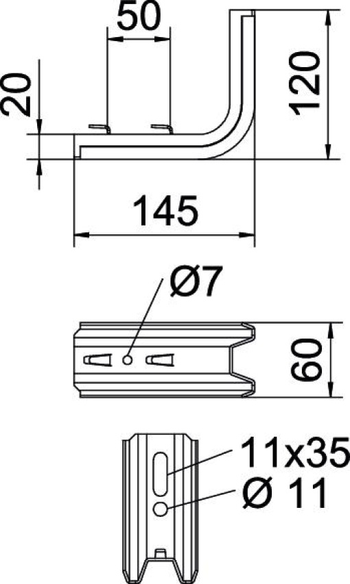 Consola TP para caminho de cabos em varão B145mm Aço galvanizado pelo método Sendzimir