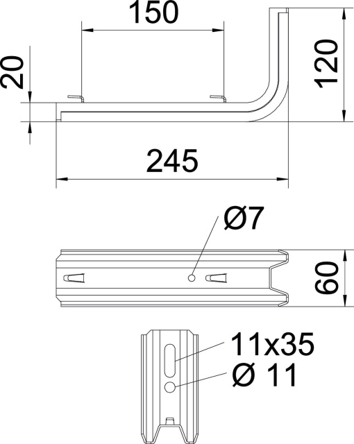 Consola TP para caminho de cabos em varão B245mm Aço galvanizado pelo método Sendzimir