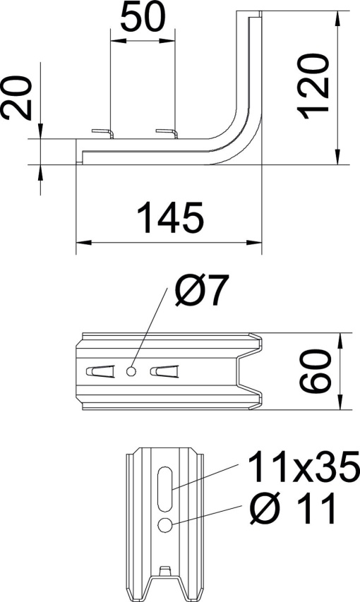 Consola TP para caminho de cabos em varão B145mm Aço inoxidável, livre de ferrugem A2 1.4301 brilhante, pós-tratamento