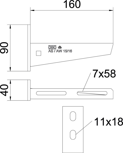 Consola mural com 2 furos de fixação B160mm Aço galvanizado por imersão a quente após maquinação