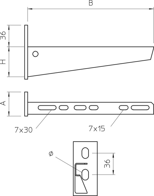 Consola mural com 2 furos de fixação B210mm Aço galvanizado por imersão a quente após maquinação