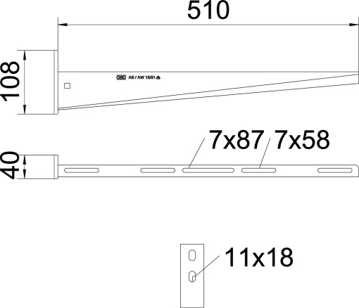 Consola mural com 2 furos de fixação B510mm Aço galvanizado por imersão a quente após maquinação