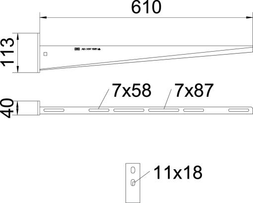 Consola mural com 2 furos de fixação B610mm Aço galvanizado por imersão a quente após maquinação