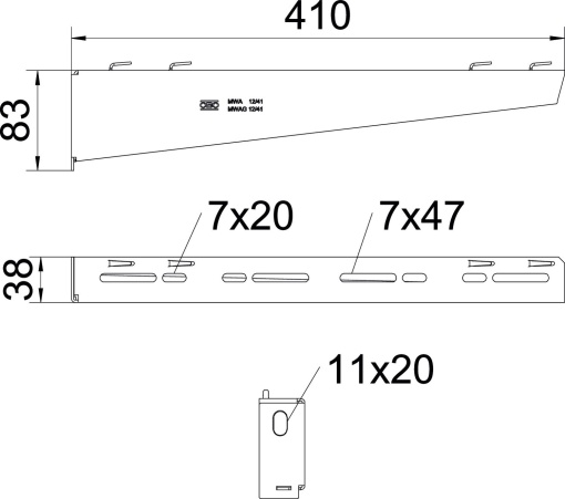 Consola mural para caminho de cabos em varão B410mm Aço galvanizado pelo método Sendzimir