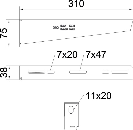 Consola mural com parafuso de fixação M10x25 B310mm Aço galvanizado pelo método Sendzimir