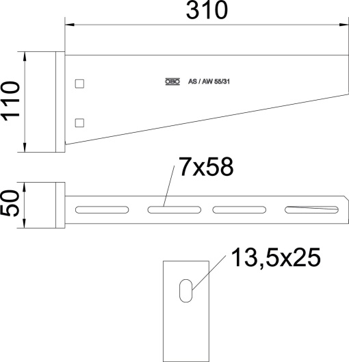 Consola mural com cabeça soldada B310mm Aço inoxidável, livre de ferrugem A2 1.4301 brilhante, pós-tratamento