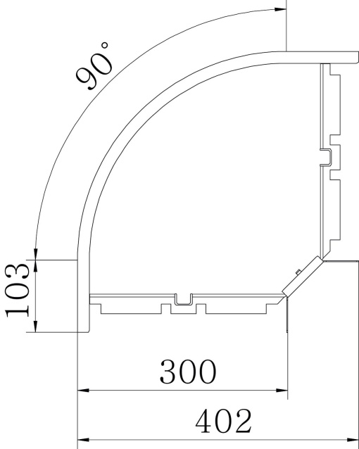 Ângulo 90 horizontal, com uniões curvas 60x300 Aço inoxidável A4 1.4571 brilhante, pós-tratamento