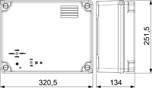 Watertight connection box 320 x 250 x 135 mm without cones. Grey colour.