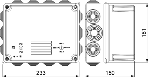 Sealed connection box 220 x 170 x 140 mm with cones. Grey colour.