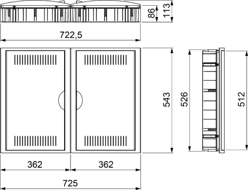 Network termination box 723 x 526 x 86 mm. Flush