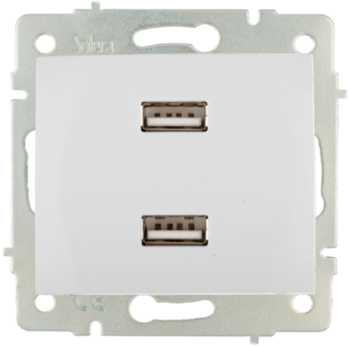 Carregador USB duplo. Entrada: 230V ~. Saída USB: 5V. 4200 mA (total). Em espera: <0,1 W.  Para encastrar