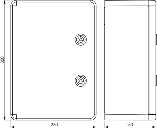 Caixa estanque termoplástica. Porta lisa (opaca). Dimensões externas 250x350x150. Com placa de metal.