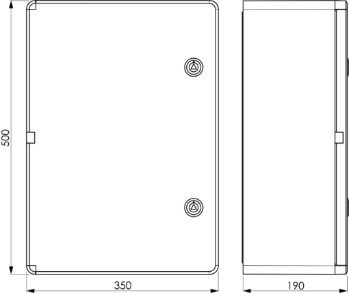 Thermoplastic waterproof enclosure. Smooth door (opaque). External dimensions 350x500x190. With metal mounting plate.