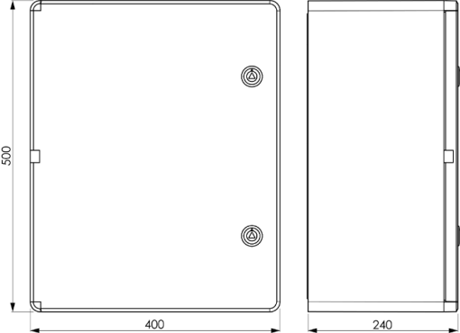 Caixa estanque termoplástica. Porta lisa (opaca). Dimensões externas 400x500x240. Com placa de metal.