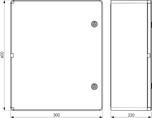Caixa estanque termoplástica. Porta lisa (opaca). Dimensões externas 500x600x220. Com placa de metal.