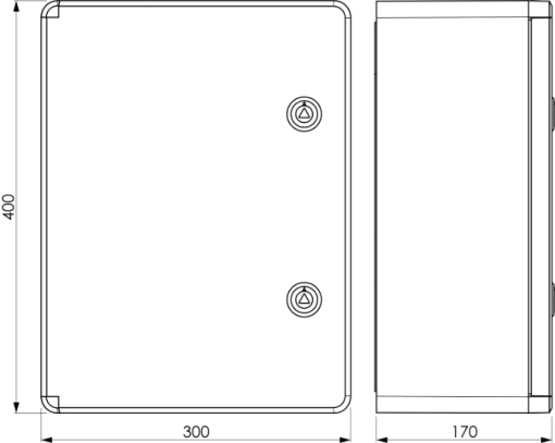 Thermoplastic waterproof enclosure. Smooth door (transparent). External dimensions 300x400x170. With metal mounting plate.