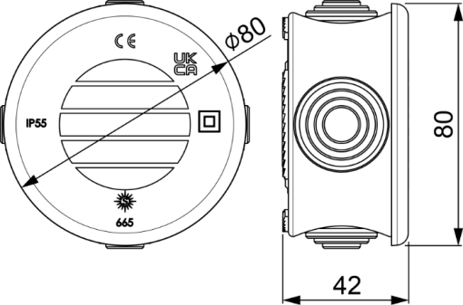 Sealed connection box Ø 70 x 35 mm with cones. Grey colour