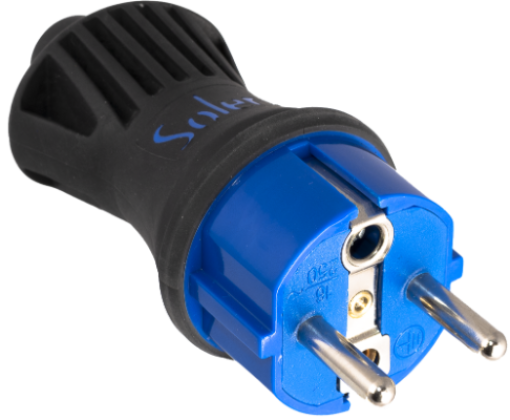 2P + E plug Solera, 16A 250V~. Black rubber.