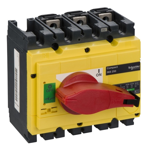 interruptor seccionador Interpact INS250 3P punho vermelhoface frontal amarela