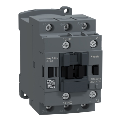 Contator, Easy TeSys Control, LC1E, 3P 3NO, AC-3AC-3e, 440 V, 6 A, bobina de 24 V CC, 1 contacto auxiliar NO