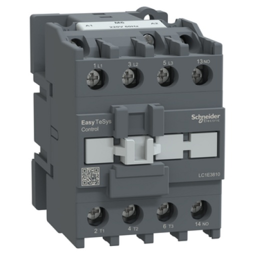 Contator, Easy TeSys Control, LC1E, 3P 3NO, AC-3AC-3e, 440 V, 38 A, bobina de 220 V CA, 60 Hz, 1 contacto auxiliar NO
