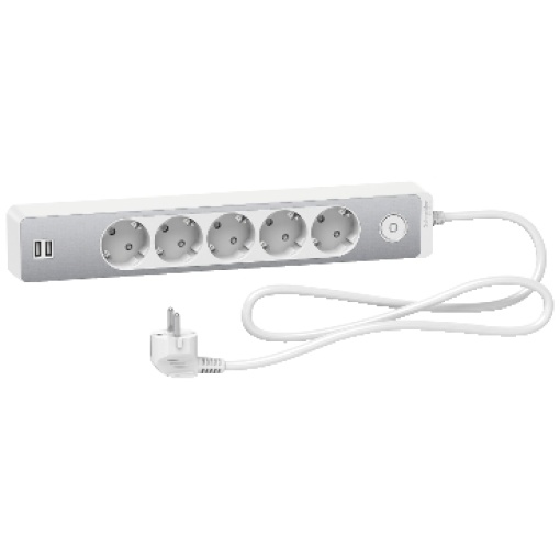 Cabo de alimentação, Unica, extensível, 5 tomadas Schuko, com interruptor, USB tipo AA, cabo de 1,5 m, alumíniobranco