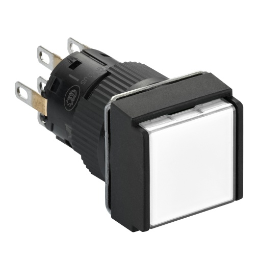 Illuminated monolithic push button, Harmony XB6E, square white pushbutton Ø 16 flush to release 24 VDCpolarised2CO