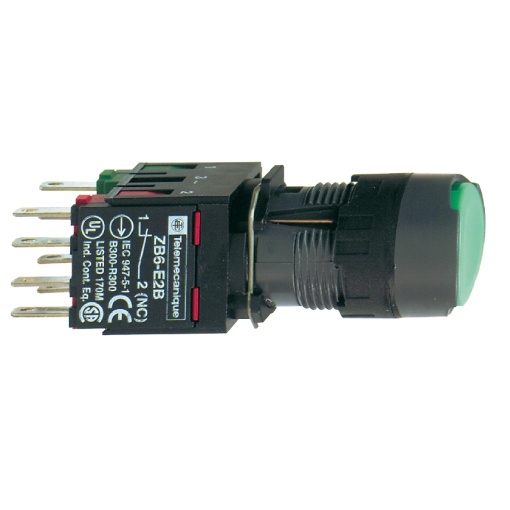 Complete illuminated push button, Harmony XB6, green flush illum pushbutton Ø 16 latching 1NO1NC 12...24 V