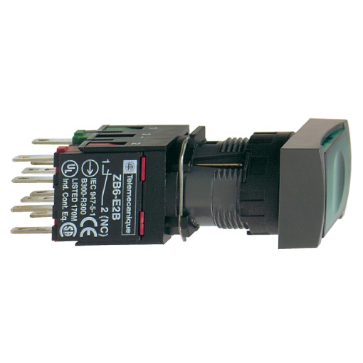 Complete illuminated push button, Harmony XB6, green rectangular flush illum pushbutton Ø 16 latching 1NO1NC 12...24 V