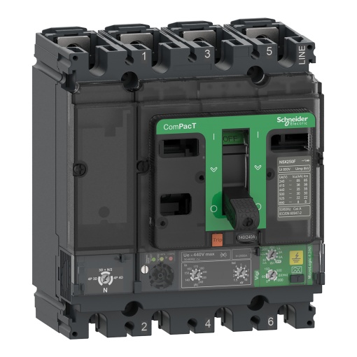 Circuit breaker ComPacT NSX100B, 25kA at 415VAC, MicroLogic 4.2-AB Vigi trip unit, 100A, 4 poles 4d