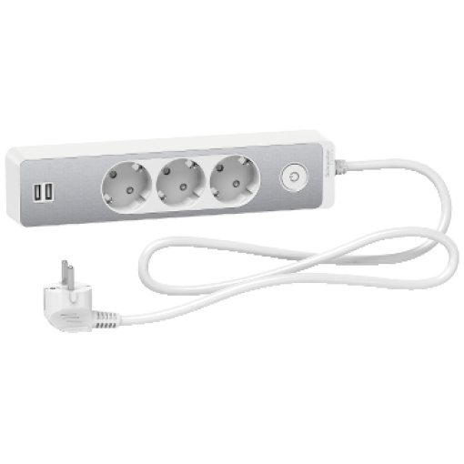 Cabo de alimentação, Unica, extensível, 3 tomadas Schuko, com interruptor, USB tipo AA, cabo de 1,5 m, alumíniobranco