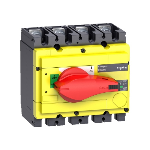interruptor seccionador Interpact INS250 4P punho vermelhoface frontal amarela