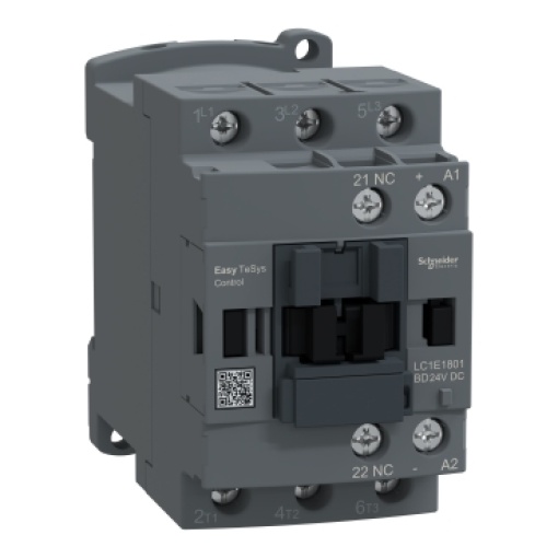 Contator, Easy TeSys Control, LC1E, 3P 3NO, AC-3AC-3e, 440 V, 18 A, bobina de 24 V CC, 1 contacto auxiliar NC