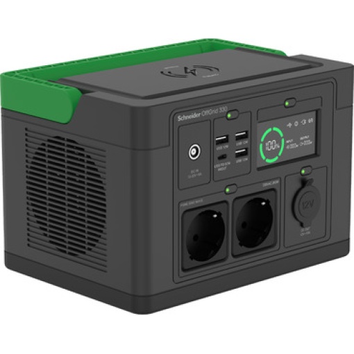 Estação de energia portátil Schneider OffGrid 330, 230 V, 332 Wh de íon de lítio, LCD, 2 tomadas CEE 73 Schuko, Sinewave, 3 USB-A, 1 USB-C