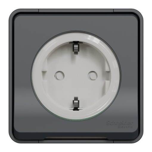 Tomada 2PT monobloco com obturadore, Mureva Styl, IP55, 16A, Cinzento