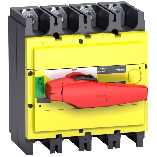 interruptor seccionador Interpact INS630 4P punho vermelhoface frontal amarela