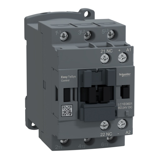 Contator, Easy TeSys Control, LC1E, 3P 3NO, AC-3AC-3e, 440 V, 6 A, bobina de 24 V CC, 1 contacto auxiliar NC