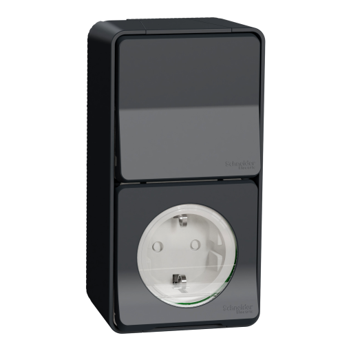 Mureva Styl - Tomada 2PT monobloco com obturadores  Comutador de escada - saliente - IP55 - 16A  10A - Cinzento