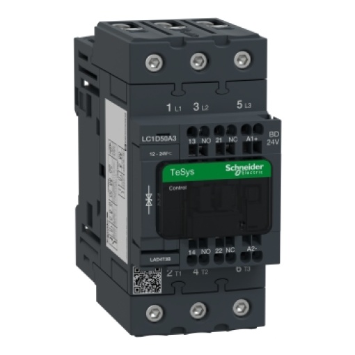 Contator, TeSys Deca, 3P 3 NO, AC-3AC-3e, 400 V, 50 A, bobina padrão de 24 V CC, terminais de mola