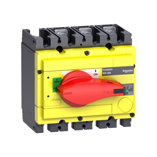 interruptor seccionador Interpact INS250 3P punho vermelhoface frontal amarela