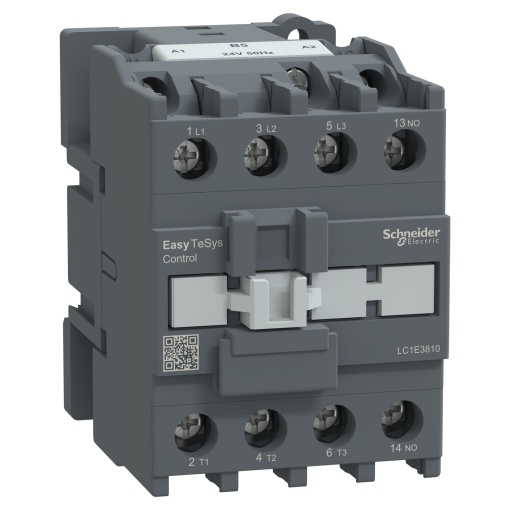 Contactor, Easy TeSys, LC1E, 3P 3NO, AC-3AC-3e, 440 V, 38 A, bobina de 24 V CA, 50 Hz, 1 contacto auxiliar NO