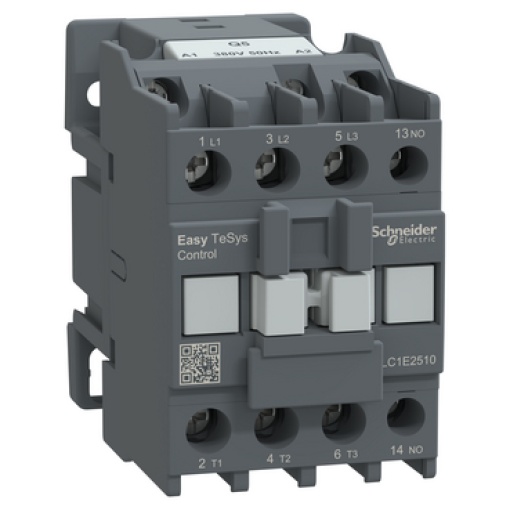 Contator, Easy TeSys Control, LC1E, 3P 3NO, AC-3AC-3e, 440 V, 25 A, bobina de 380 V CA, 50 Hz, 1 contacto auxiliar NO