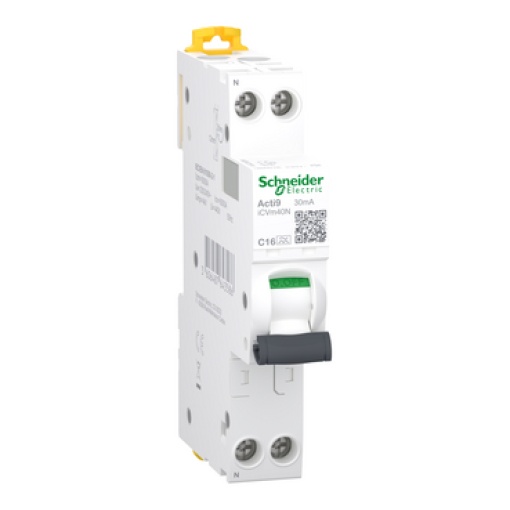 Disjuntor diferencial com proteção contra sobrecorrente RCBO, Acti9 iCVm40N, 1PN, 16 A, curva C, 6000 A, tipo A, 30 mA