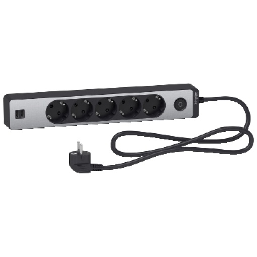Com fio de alimentação, extensão Unica, 5 tomadas Schuko, comutável, USB tipo AA, cabo de 1,5 m, antracitealumínio